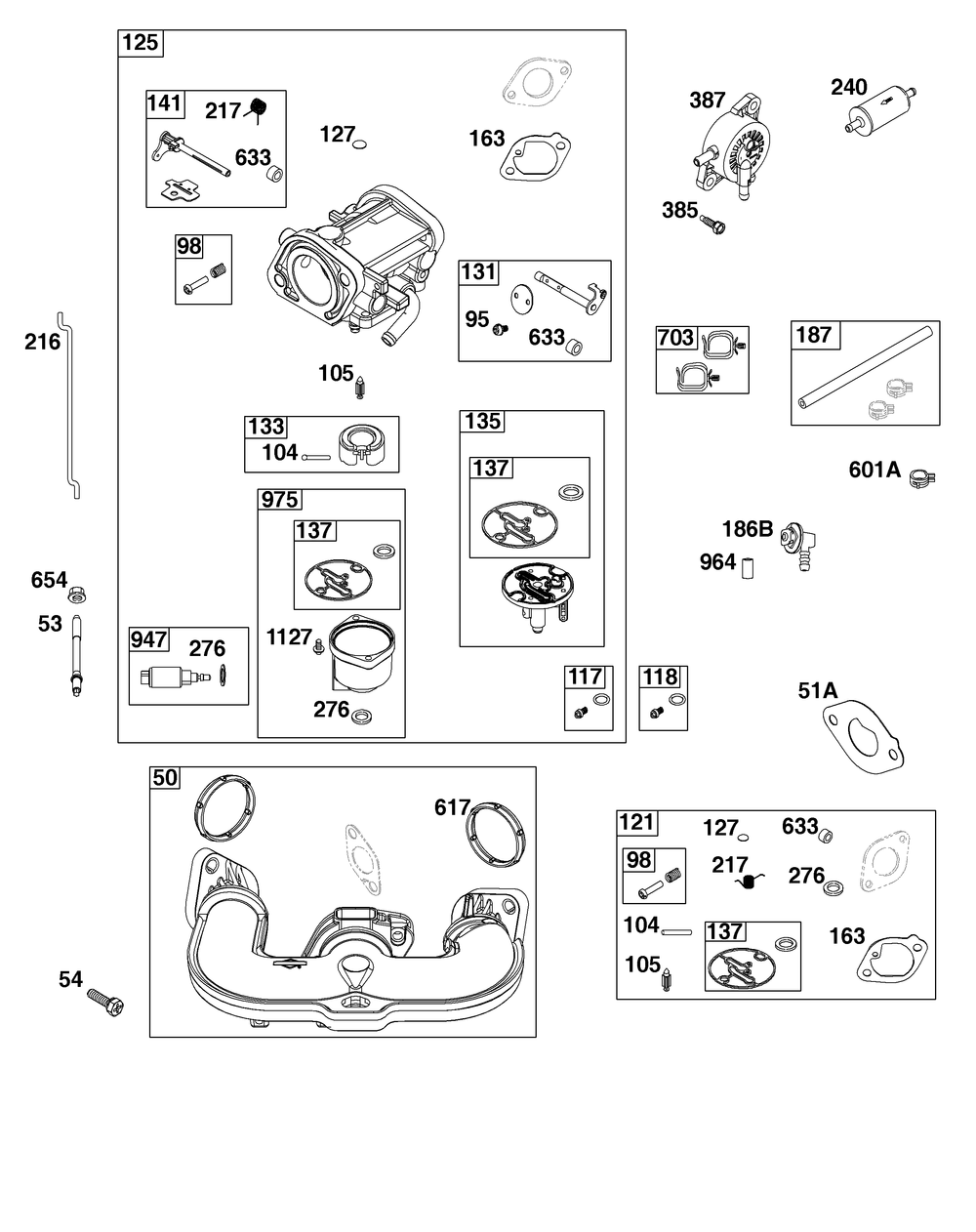 Carburetor And Fuel Supply Group Diagram and Parts List for 44U677-0019-B5 400000 - 699999 Briggs and Stratton Engine